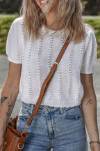 Openwork Round Neck Short Sleeve Knit Top