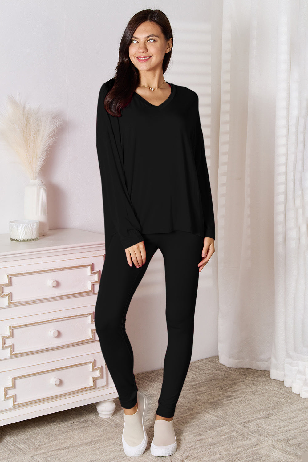 Basic Bae Bamboo Full Size V-Neck Long Sleeve Top and Pants Lounge Set - felvior