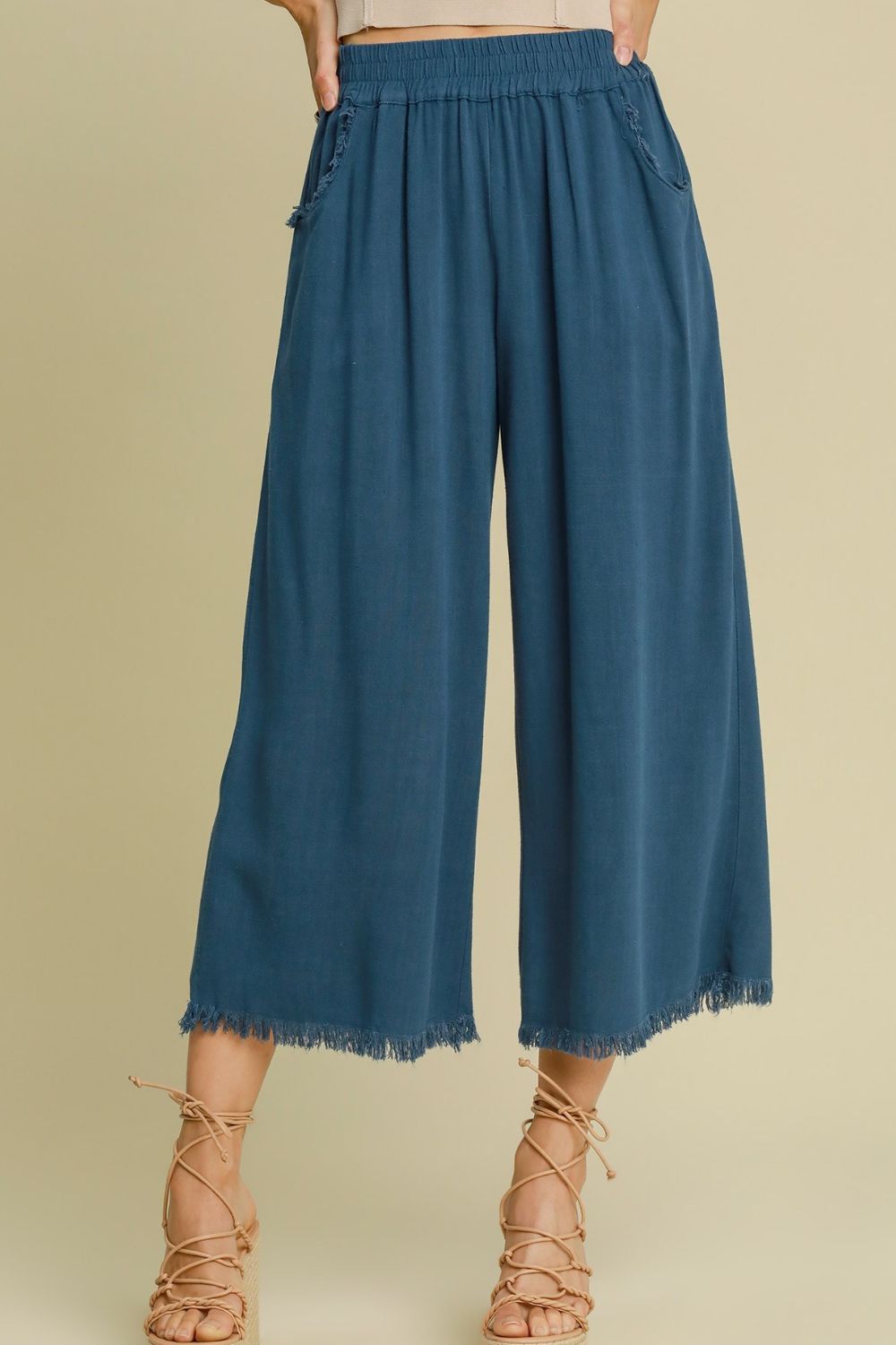 Umgee Full Size Linen Blend Elastic Waistband Wide Leg Pants Plus Size Image principale du produit