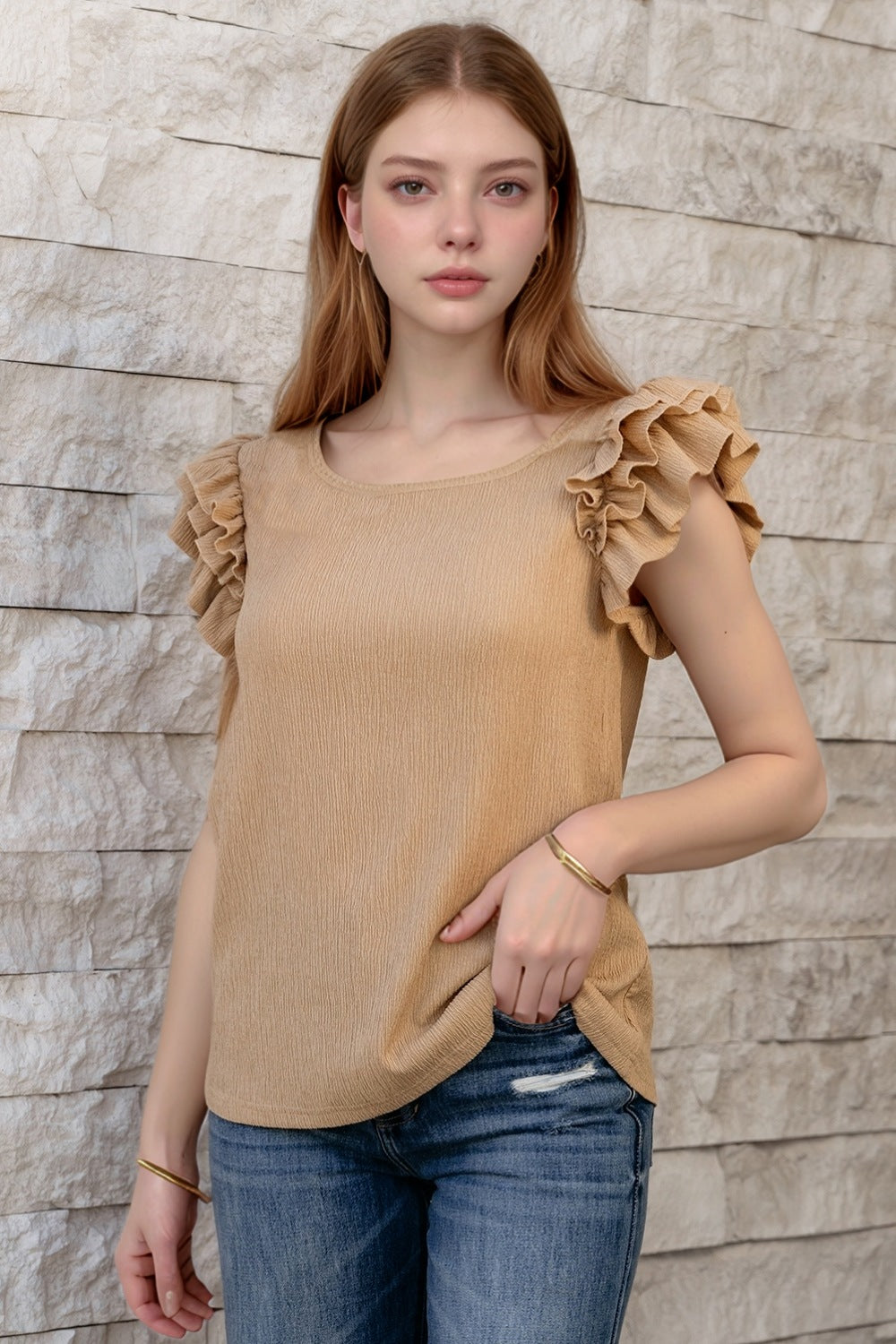 Ruffled Square Neck Textured Cap Sleeve Top - felvior