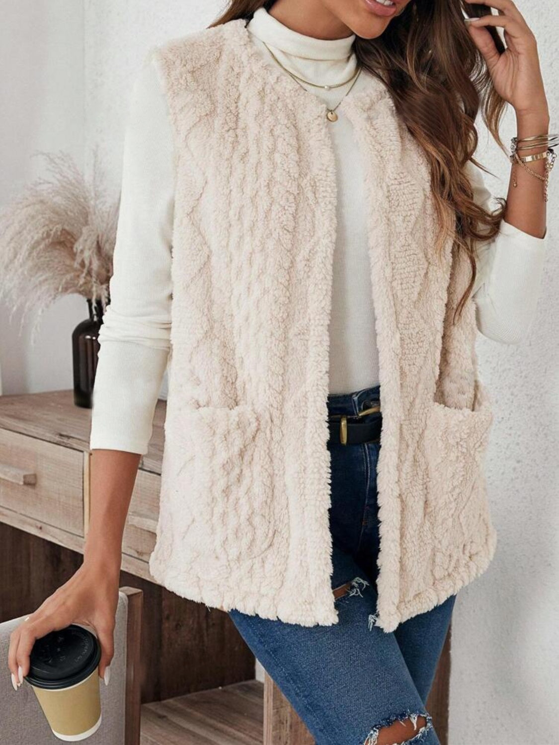 Fuzzy Open Front Vest with Pockets - felvior