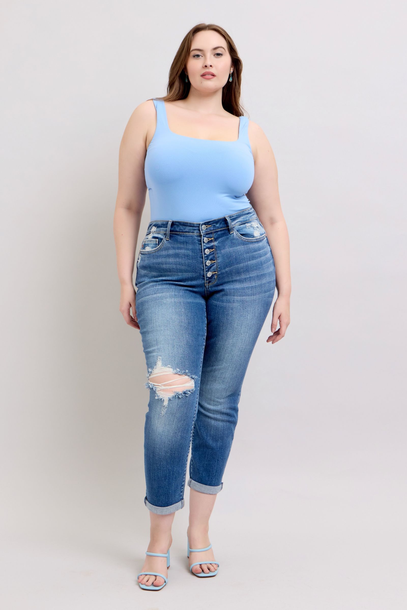 Judy Blue Full Size Button Fly Distressed Jeans with Pockets Plus Size - felvior