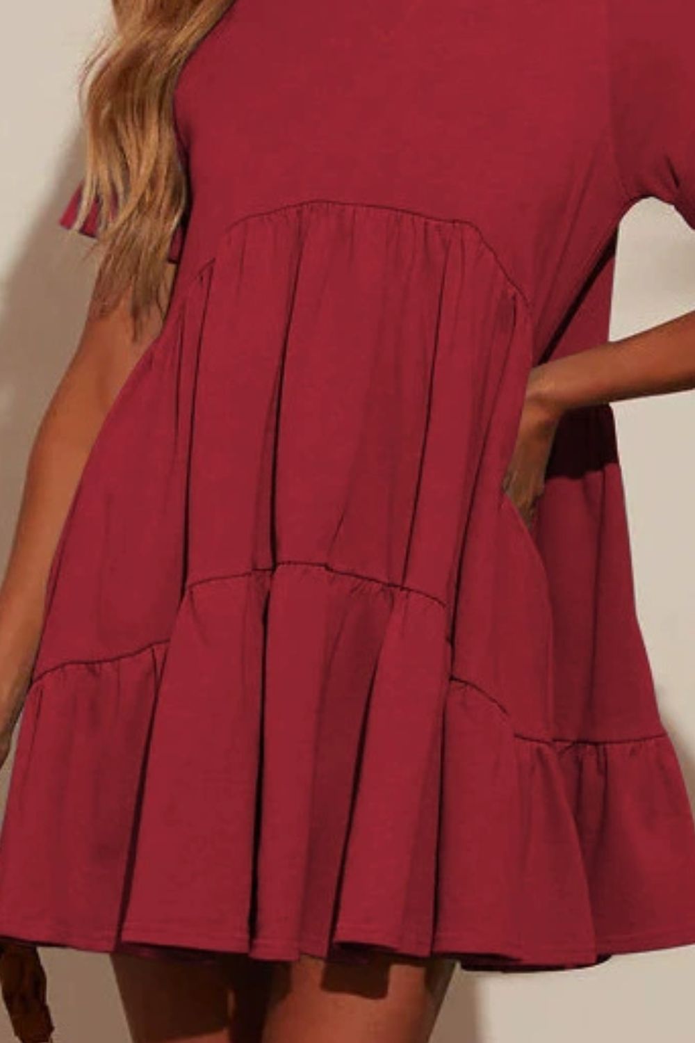 Tiered Round Neck Short Sleeve Mini Dress - felvior