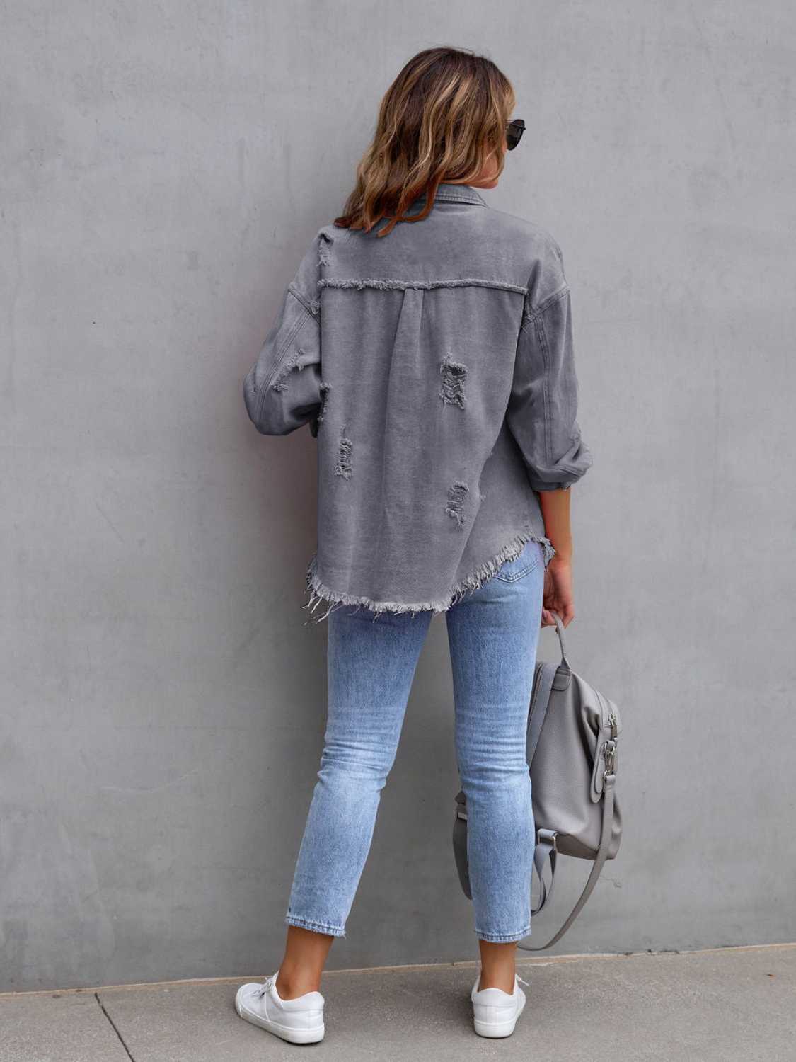 Distressed Drop Shoulder Denim Jacket - felvior