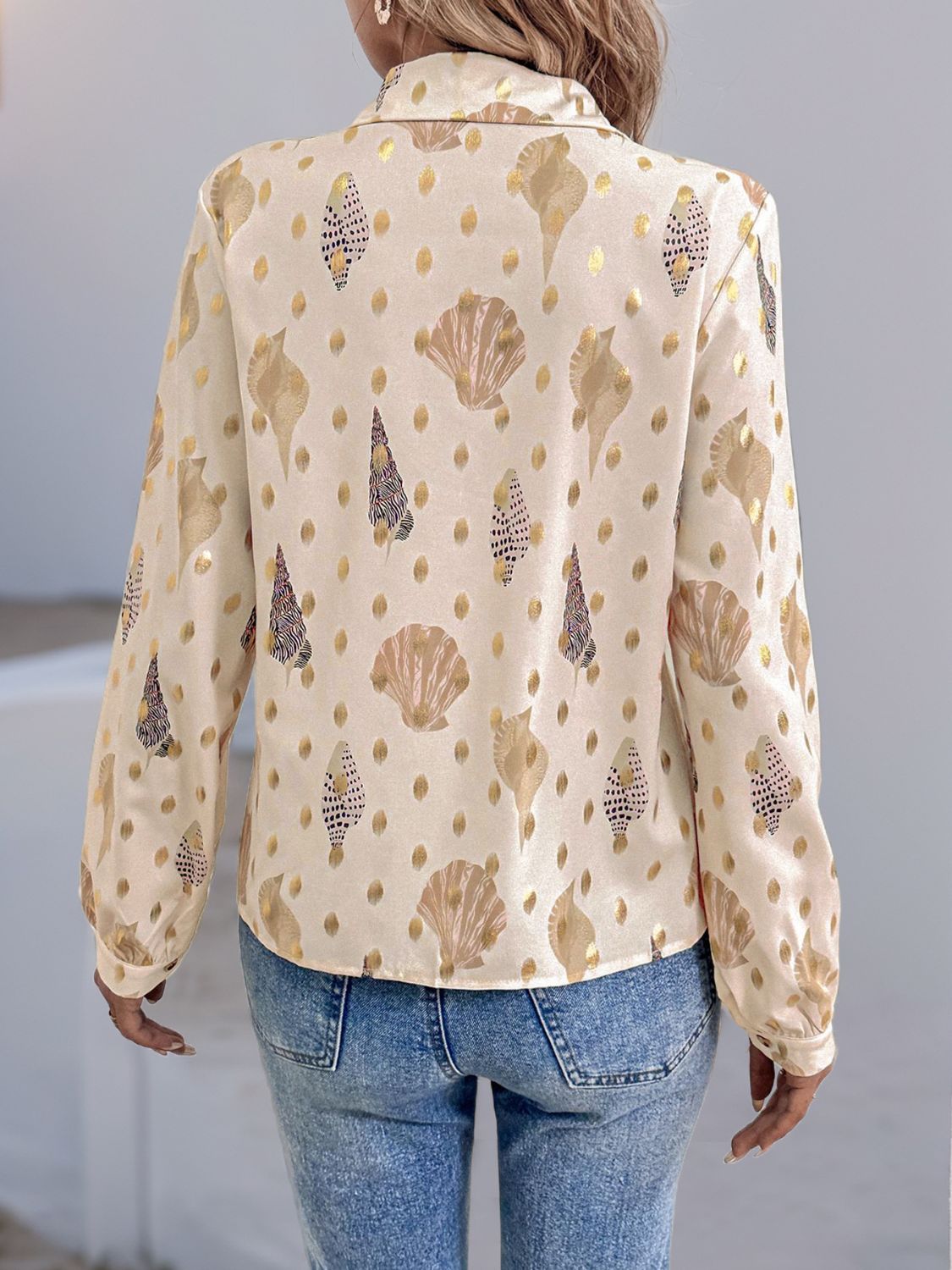 Perfee Printed Collared Neck Long Sleeve Shirt - felvior