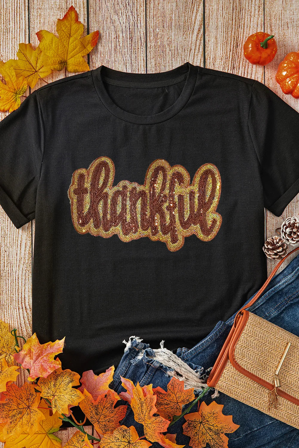 THANKFUL Sequin Round Neck Short Sleeve T-Shirt - felvior