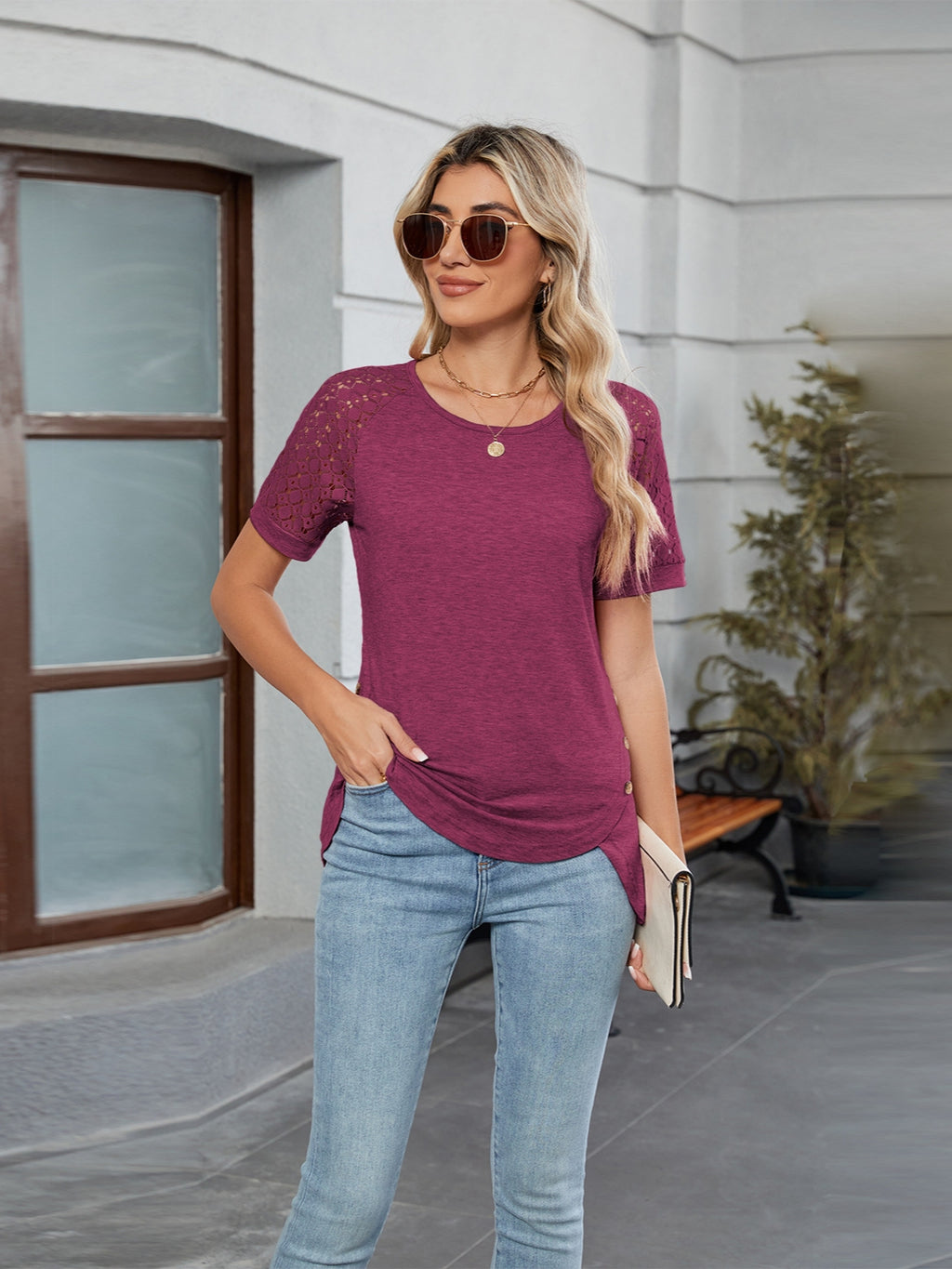 Round Neck Lace Short Sleeve T-Shirt