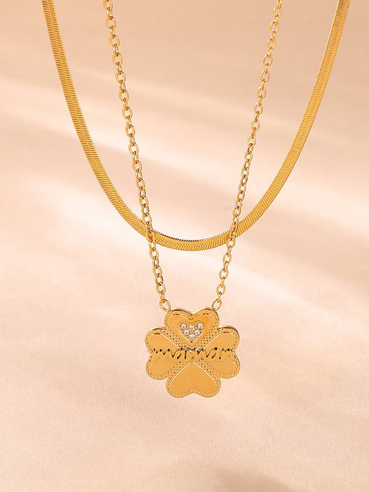2 Piece 18K Gold-Plated Inlaid Zircon Lucky Clover Necklace - felvior