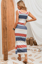 Striped Drawstring Ruched Square Neck Sleeveless Dress
