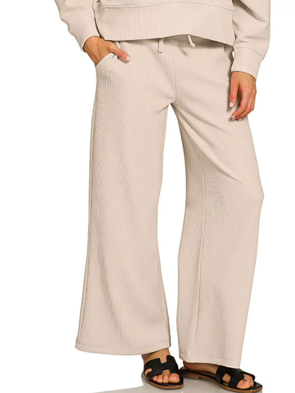 Zenana Ribbed Round Neck Pullover and Drawstring Pants Set