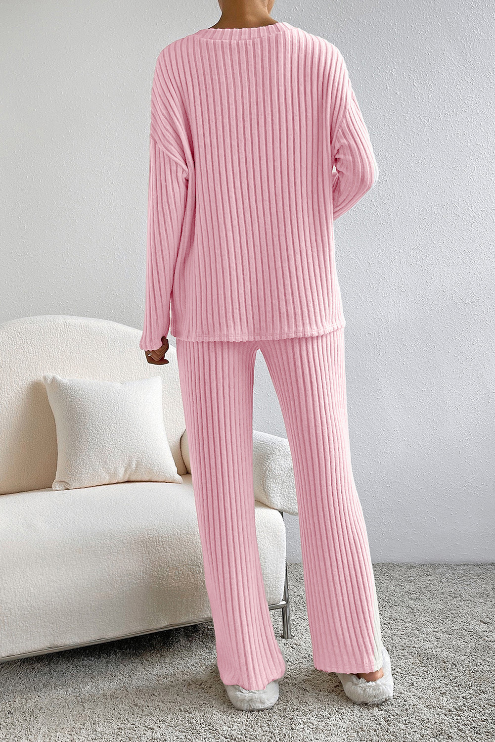 Ribbed V-Neck Top and Pants Lounge Set - felvior