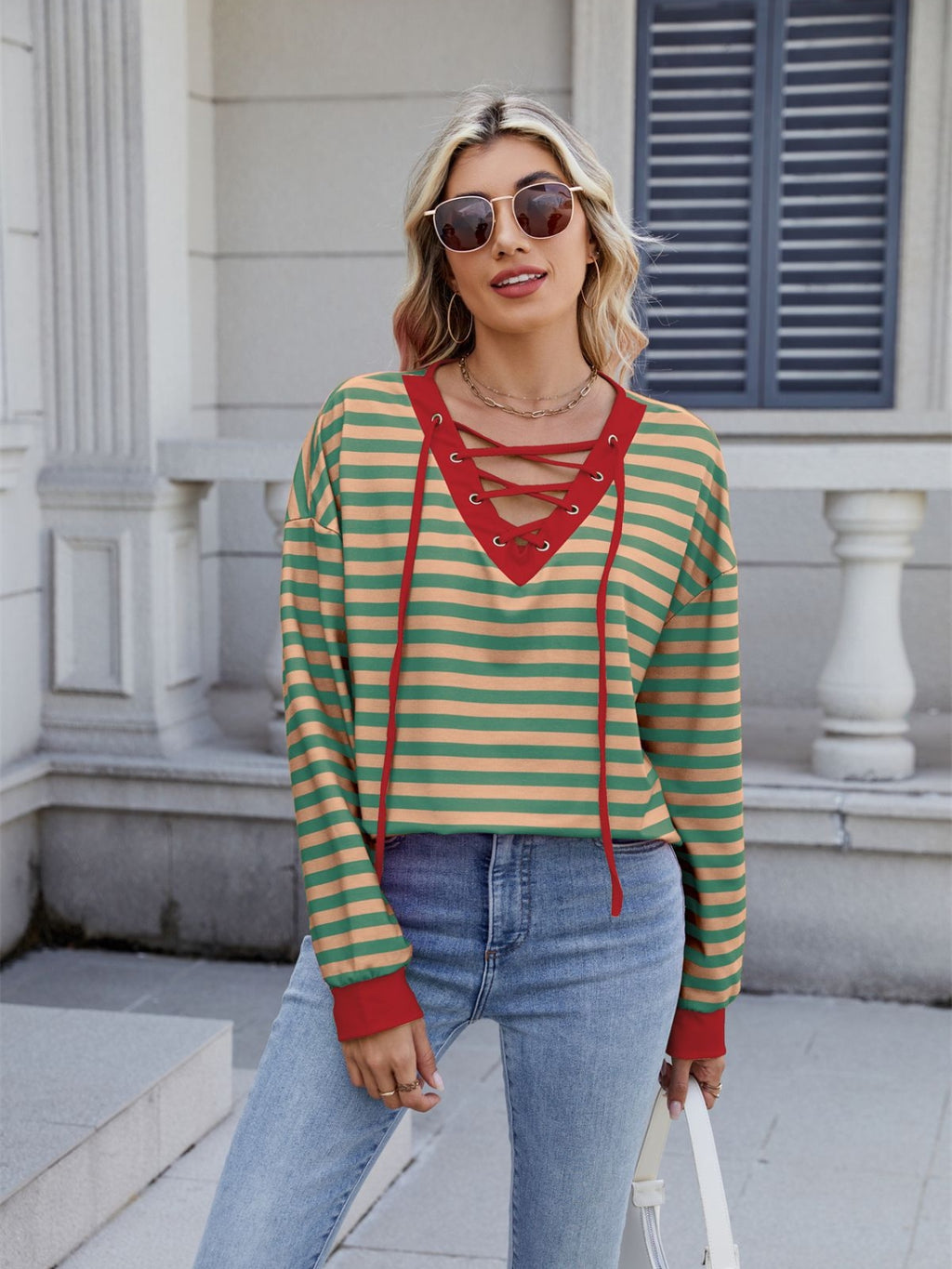 Lace-Up Striped Long Sleeve T-Shirt