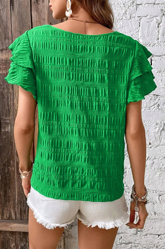 Textured Ruffled Sleeve Round Neck Top - felvior