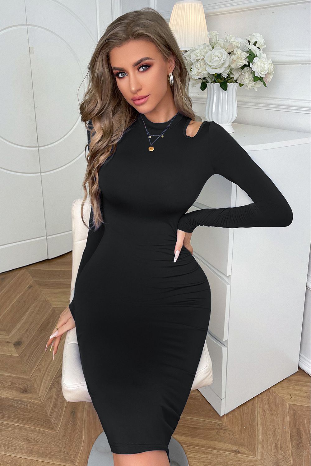 Cutout Long Sleeve Pencil Dress - felvior