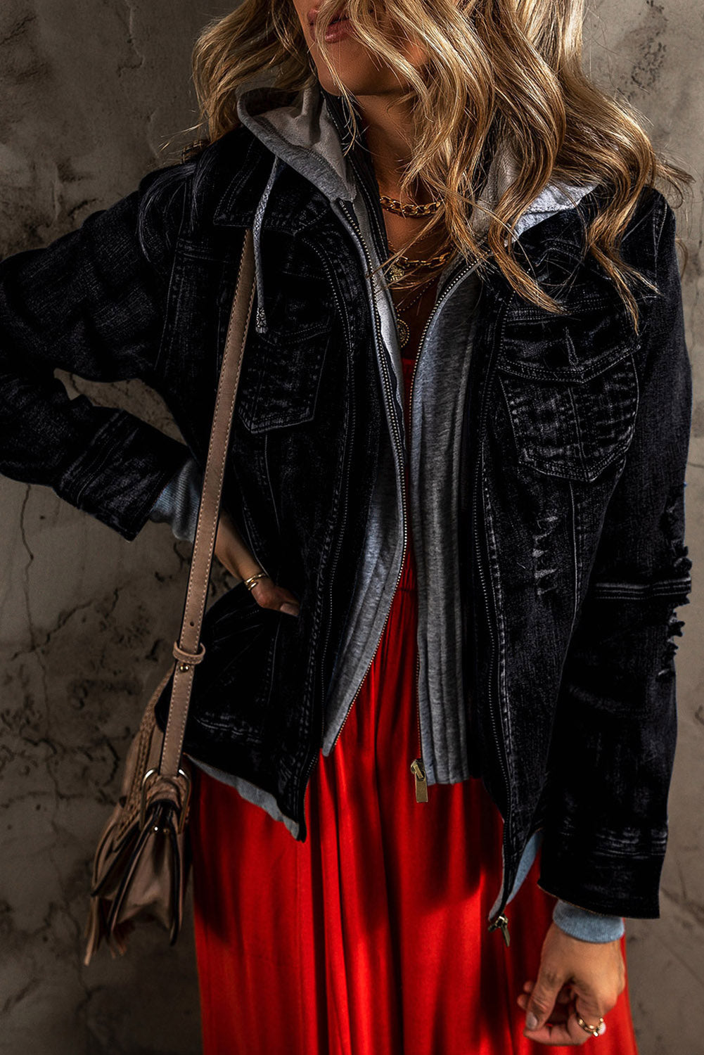 Fake Two-Piece Hooded Zip-Up Denim Jacket - felvior