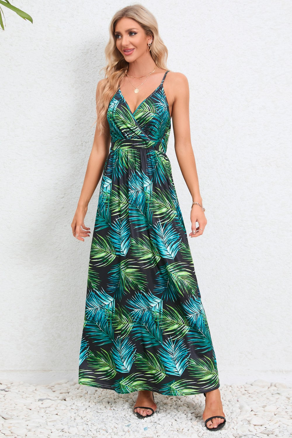 Printed Surplice Maxi Cami Dress - felvior