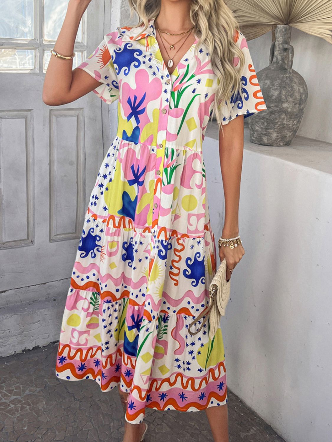 Devine Printed Johnny Collar Button Down Short Sleeve Midi Shirt Dress - felvior