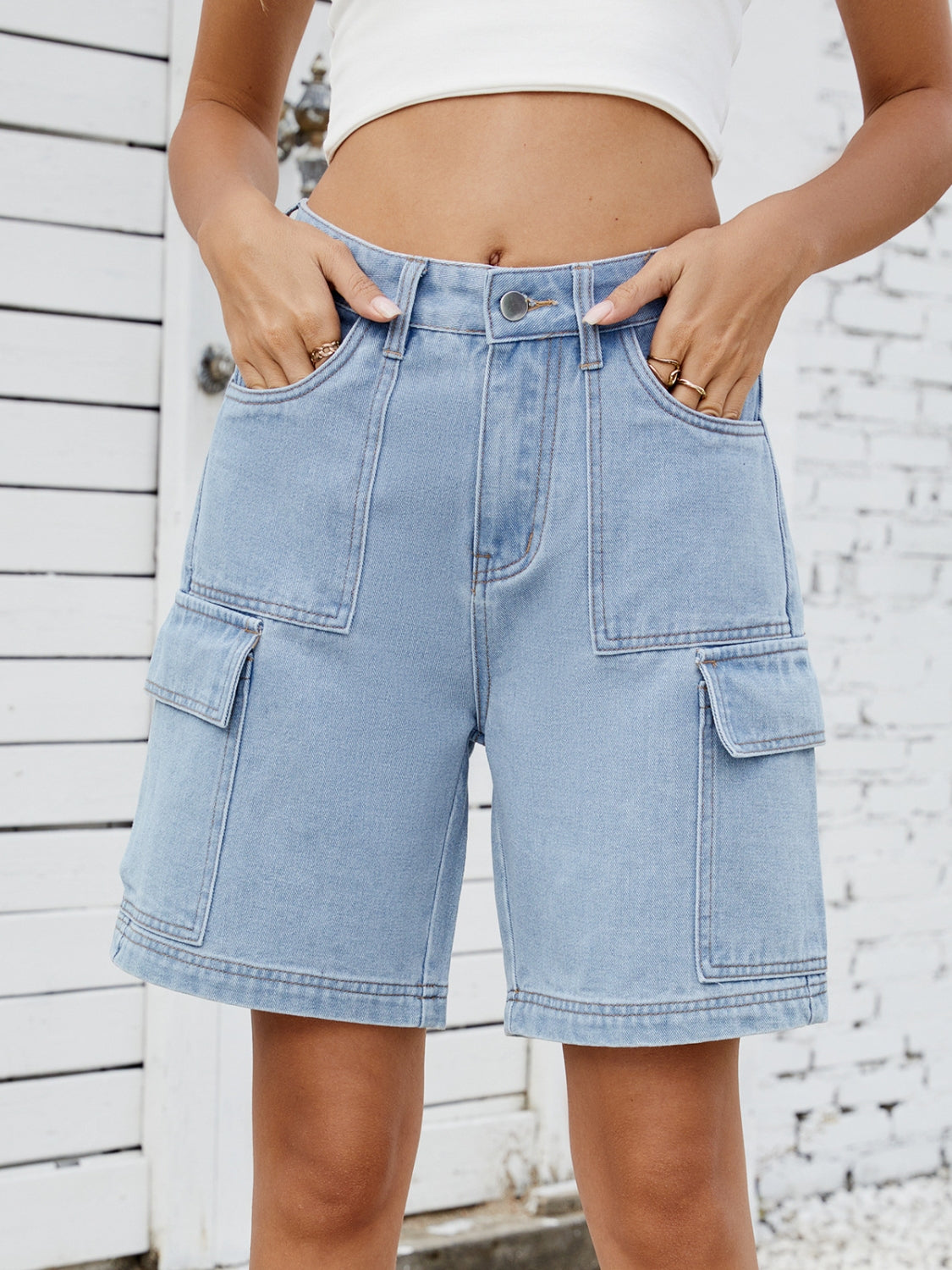 High Waist Denim Shorts with Cargo Pockets - felvior