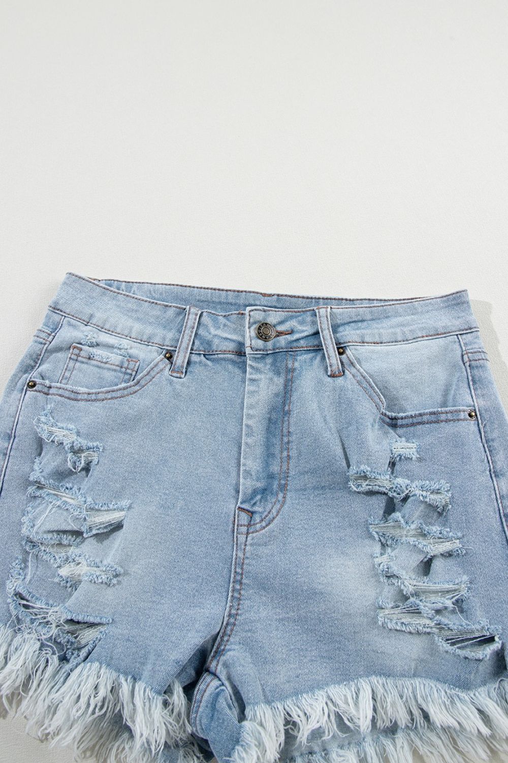 Distressed Raw Hem High Waist Denim Shorts - felvior