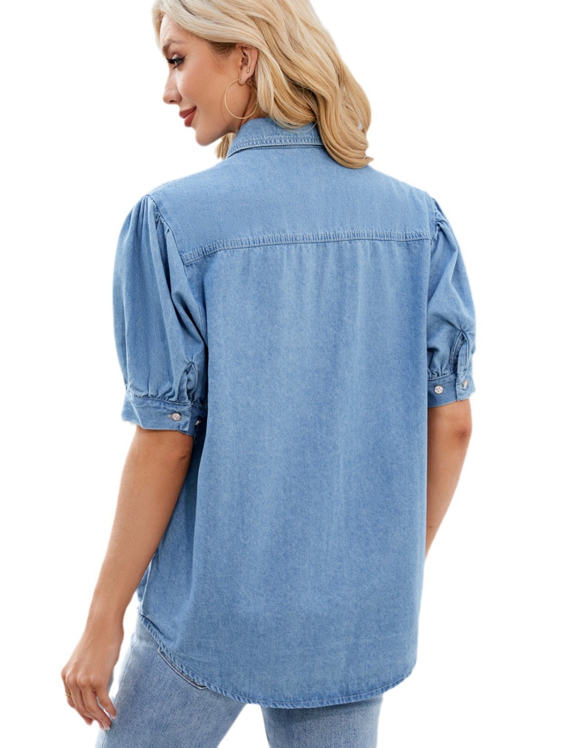 Collared Neck Button Up Denim Shirt - felvior