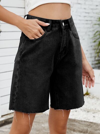 Washed Raw Hem Denim Shorts - felvior