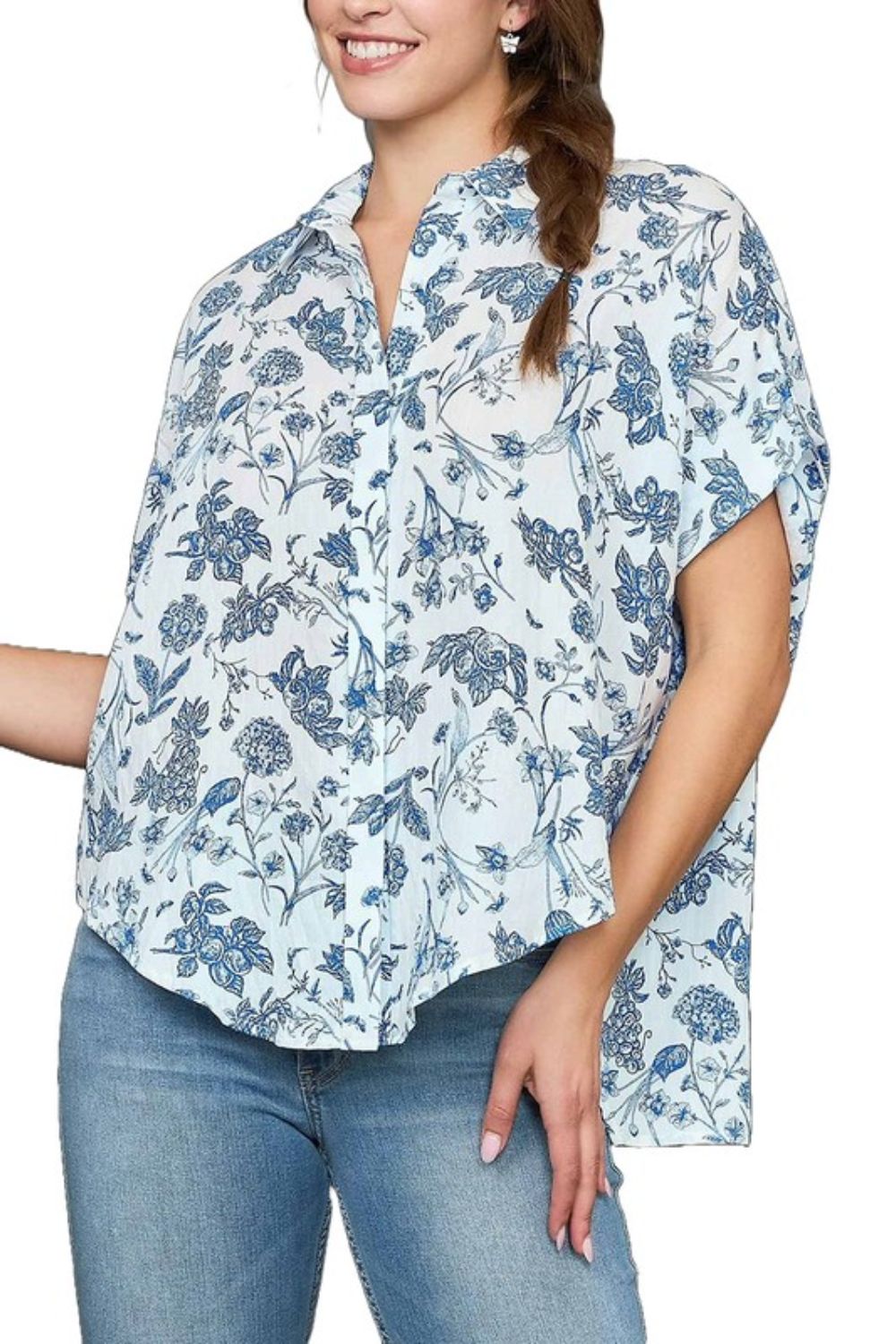 Umgee Full Size Two Tone Floral Print Top Plus Size