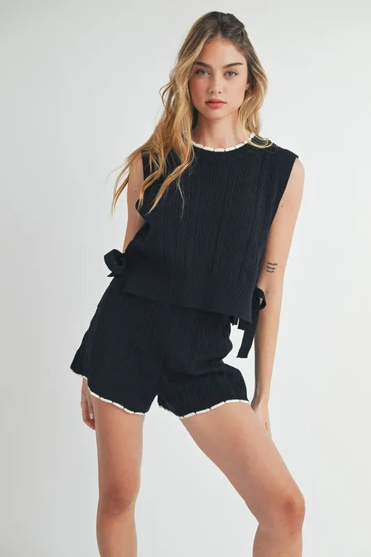 MABLE Side Tie Detail Knit Vest and Shorts Set - felvior