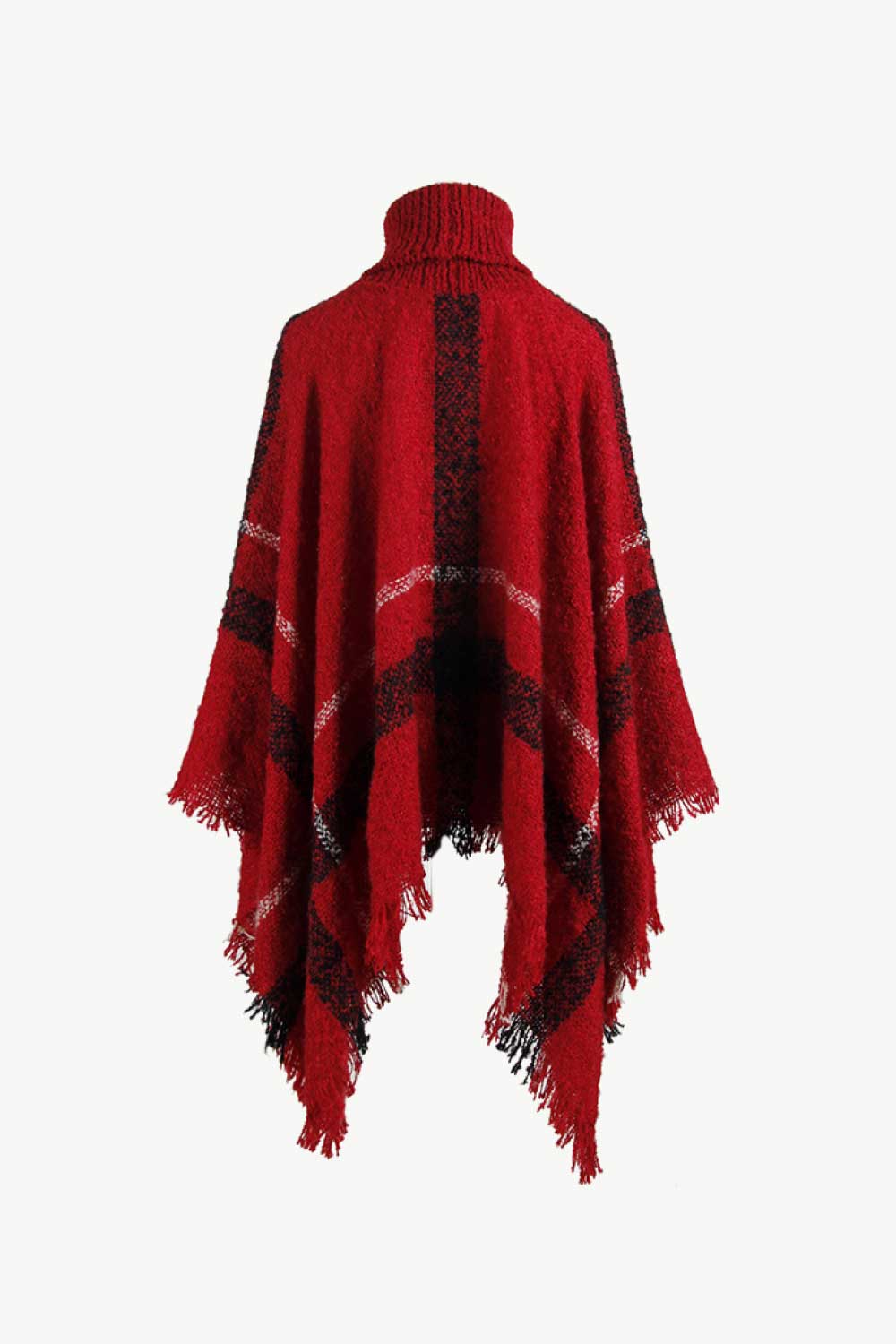 Plaid Turtleneck Raw Hem Poncho - felvior