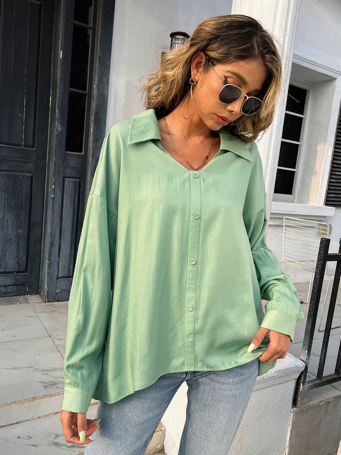 Button Down Collared Neck Long Sleeve Shirt - felvior