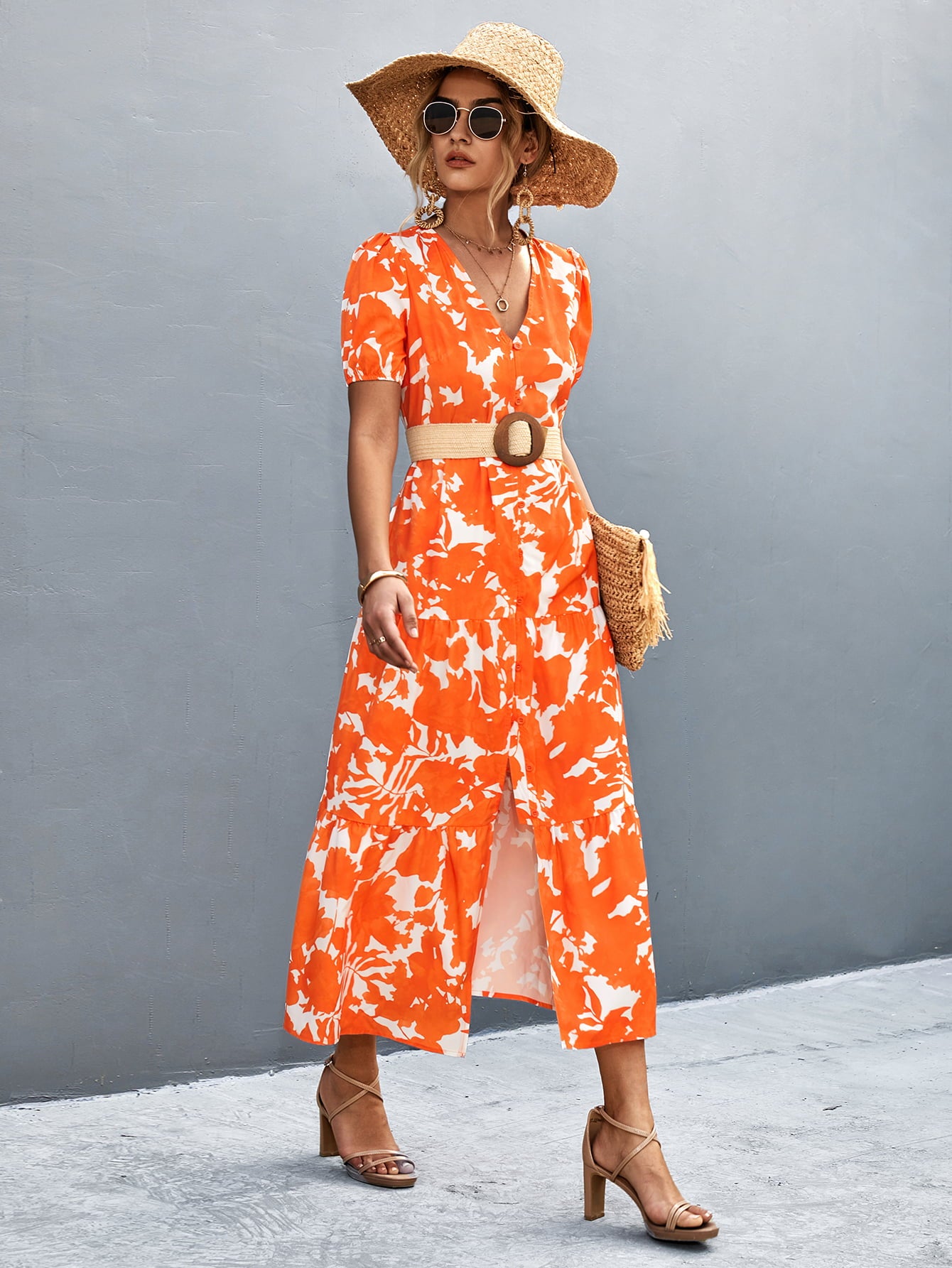V-Neck Short Sleeve High Slit Midi Dress - felvior