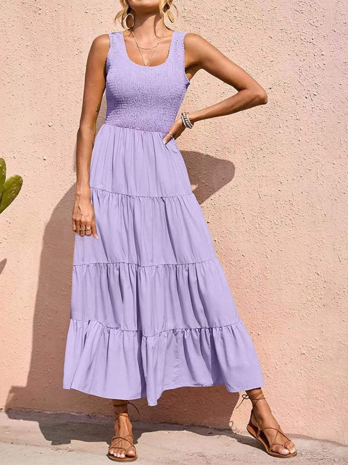Tiered Smocked Wide Strap Dress - felvior