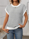 Striped Round Neck Short Sleeve Knit Top - felvior