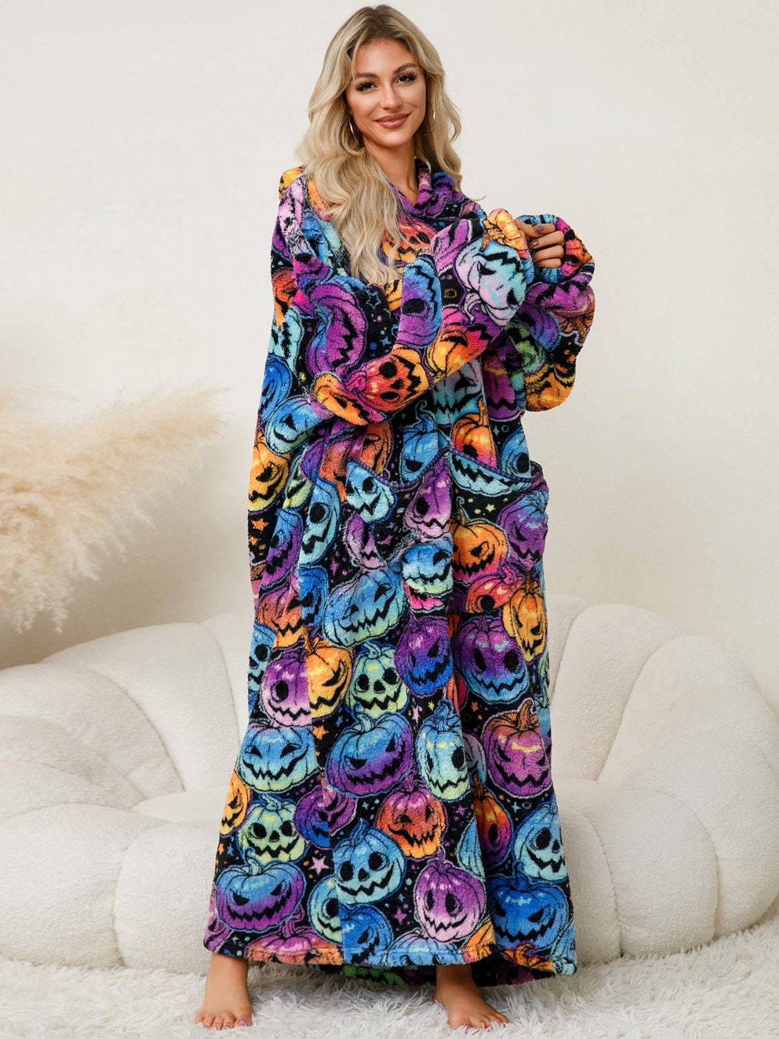 Fuzzy Pocketed Long Sleeve Hooded Lounge Dress - felvior