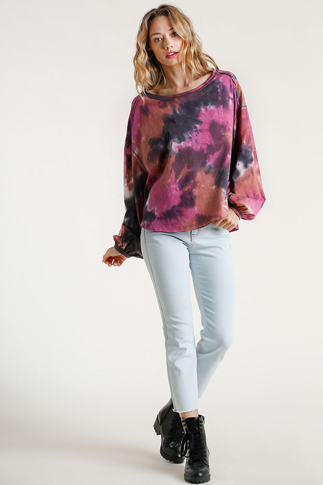 Umgee Full Size Tie Dye Round Neck Long Balloon Sleeve Top Plus Size - felvior