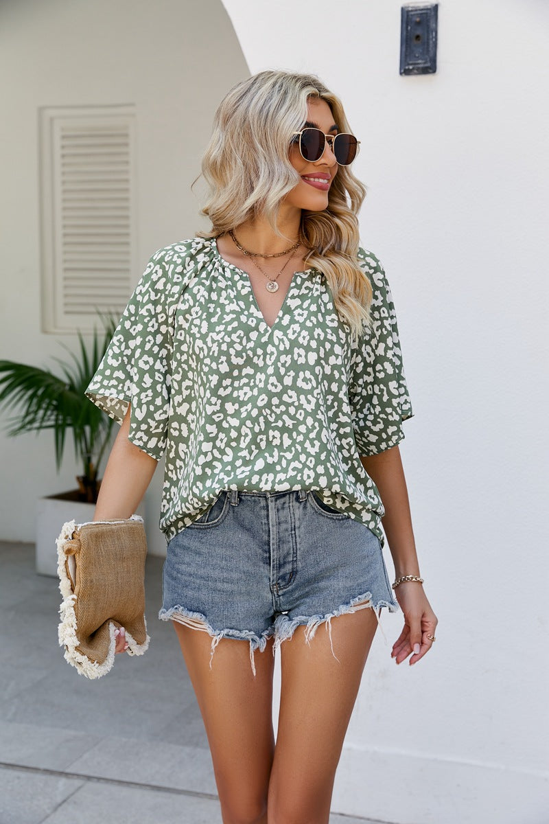 Leopard Notched Half Sleeve Blouse - felvior