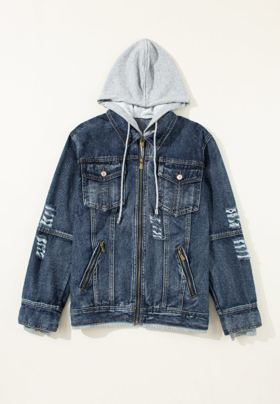 Fake Two-Piece Hooded Zip-Up Denim Jacket - felvior