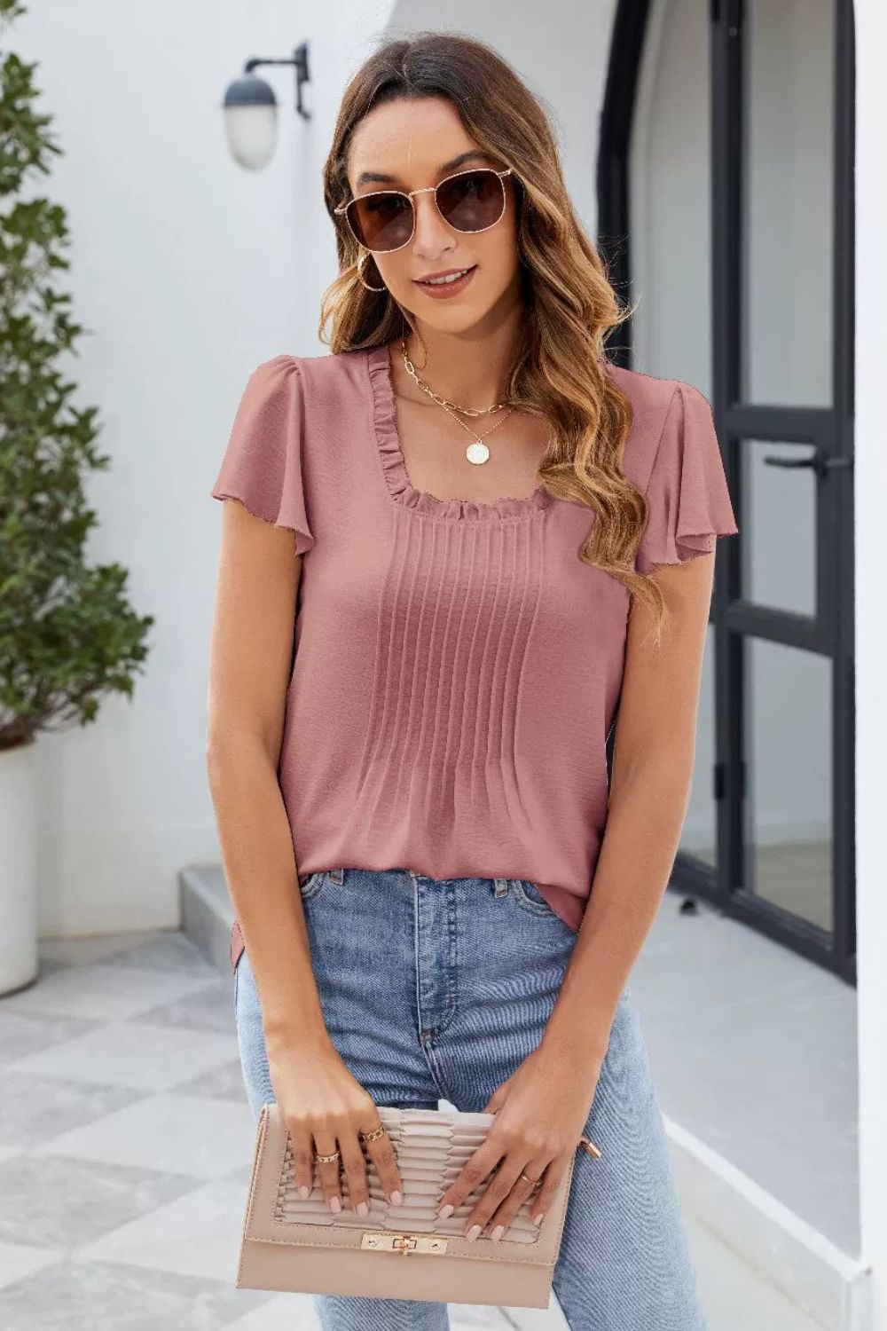 Frill Square Neck Flutter Sleeve Blouse - felvior