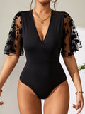 Surplice Lace Flutter Sleeve Bodysuit - felvior