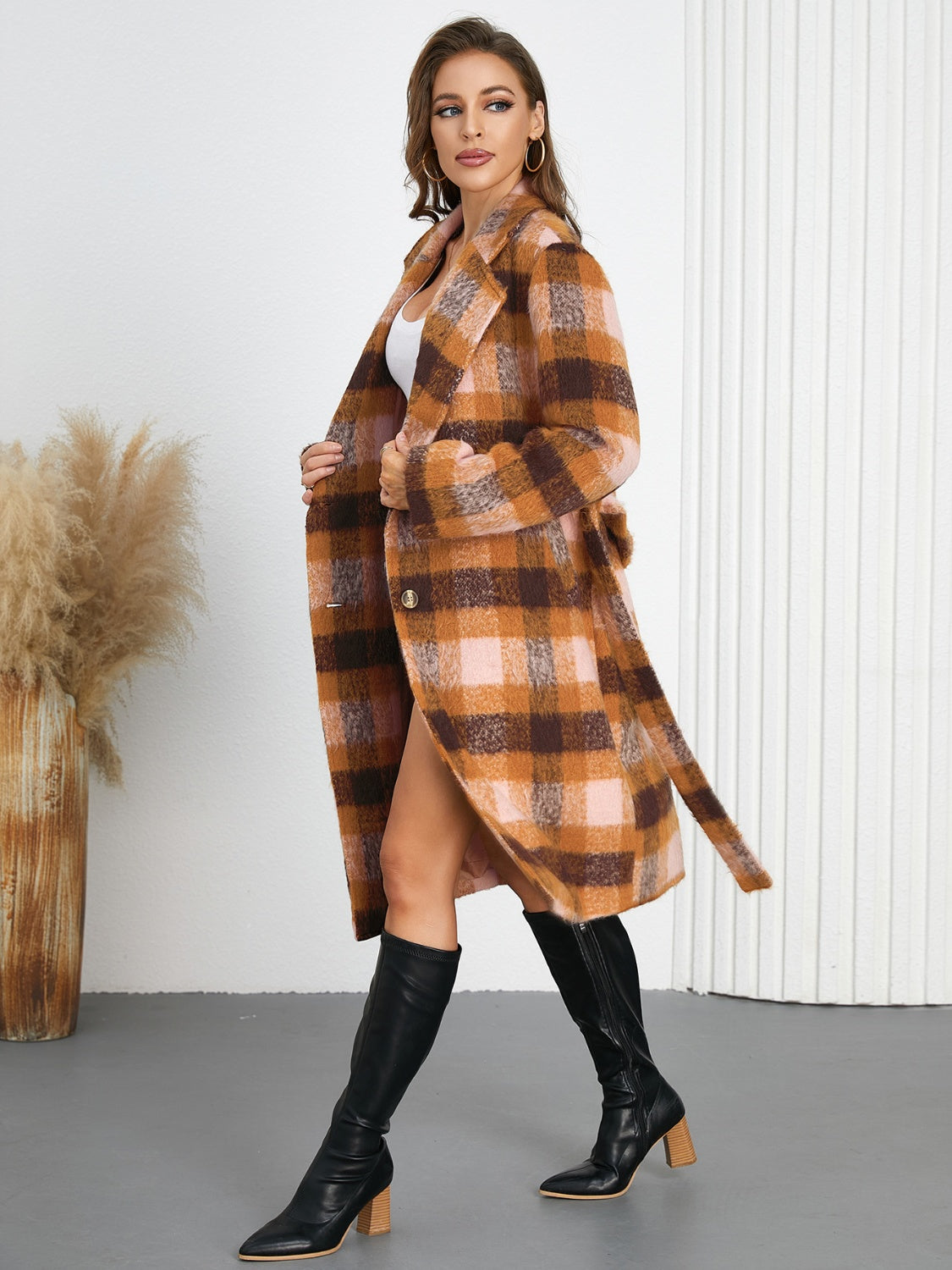 Tied Plaid Collared Neck Coat - felvior