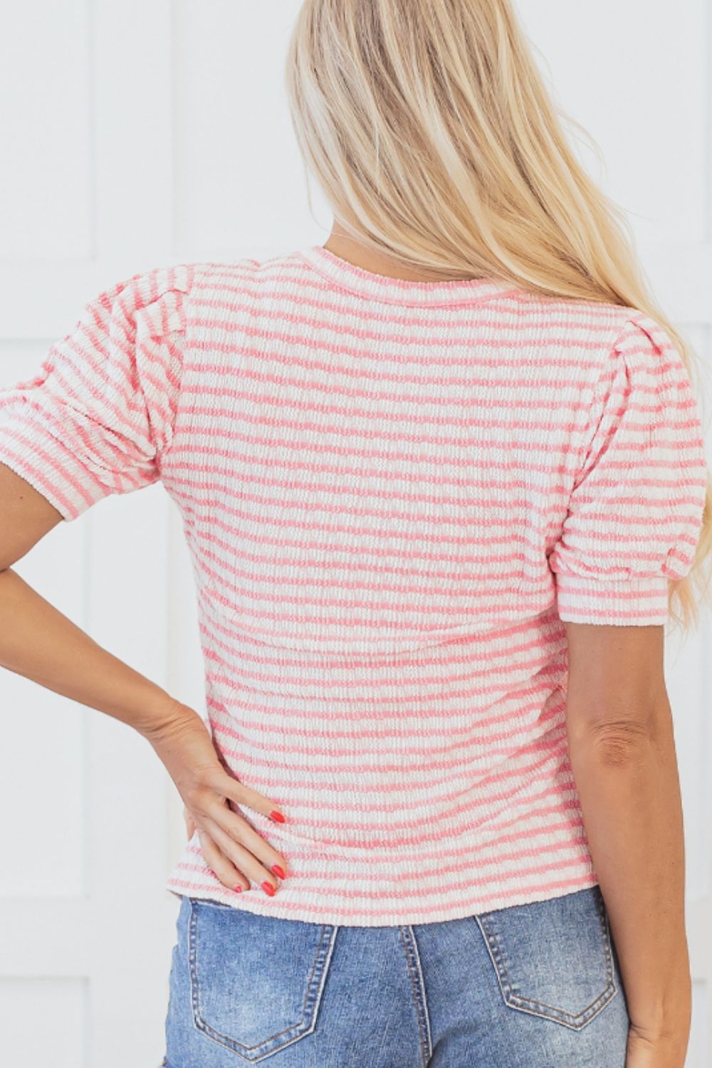 Stripe Textured Puff Sleeve Crewneck Top - felvior