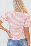 Stripe Textured Puff Sleeve Crewneck Top - felvior