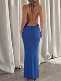 Backless Lace Up Back Sleeveless Maxi Dress - felvior
