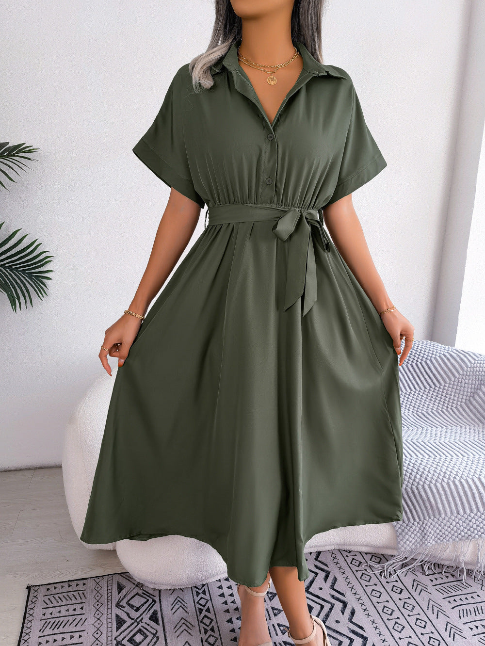 Short Sleeve Collared Tie Belt Dress - felvior