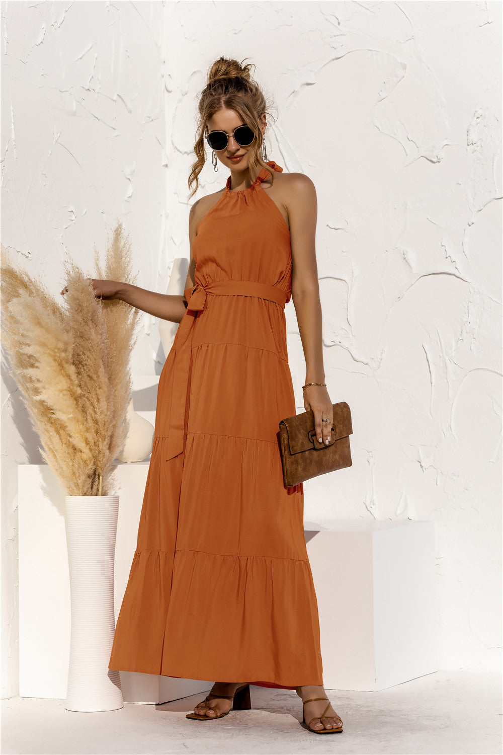 Halter Neck Tie Waist Tiered Maxi Dress - felvior
