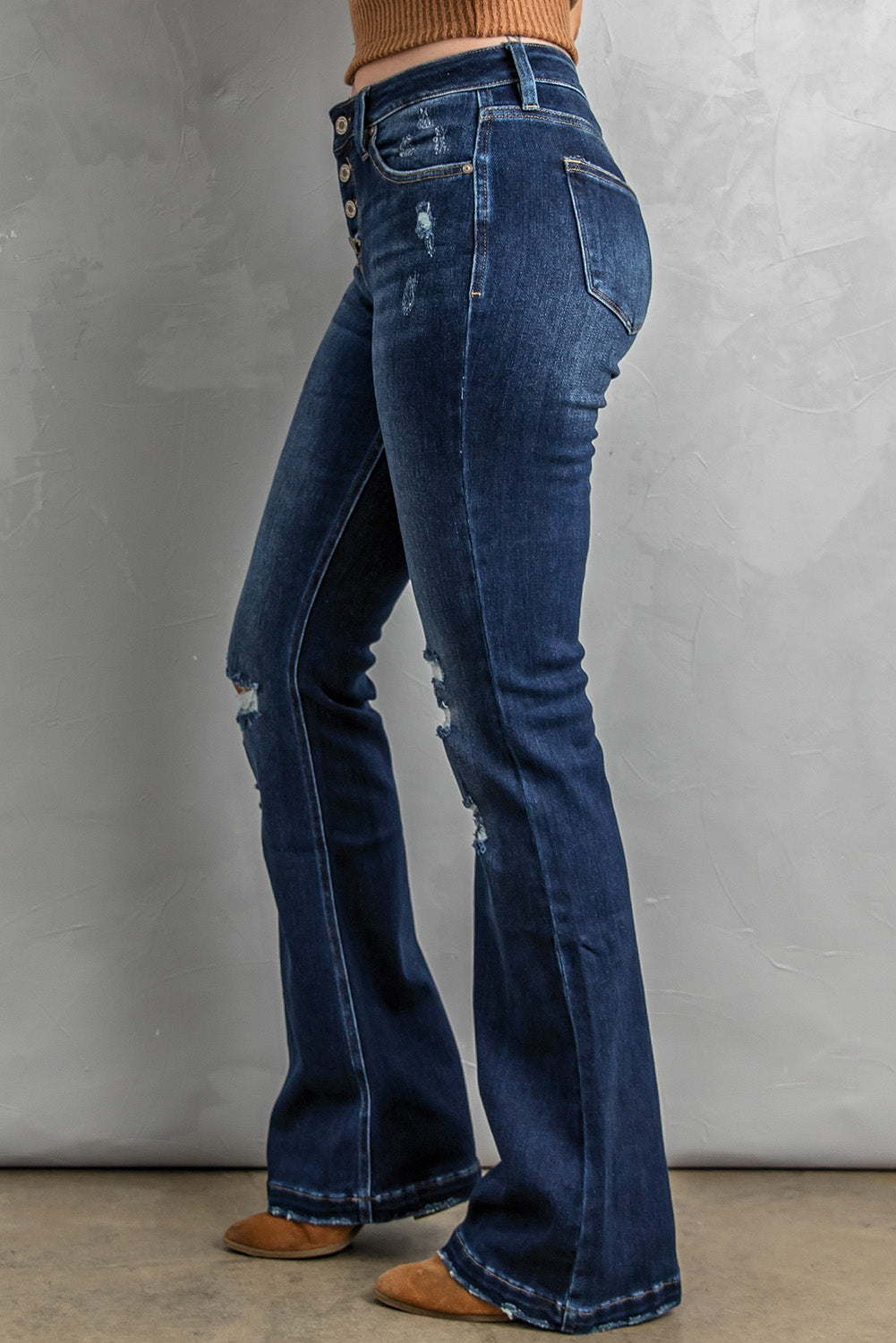 Button Fly Distressed Bootcut Jeans - felvior