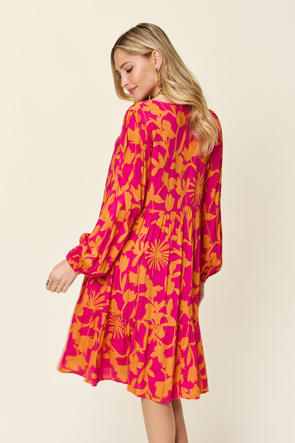 Double Take Full Size Printed Ruffle Hem Dress with Pocket - felvior