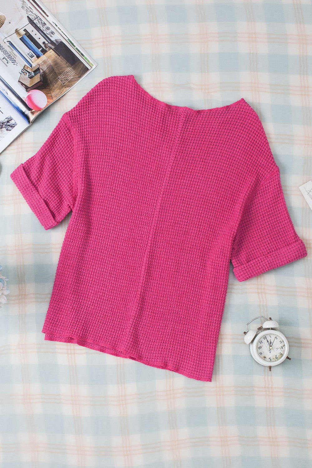 Textured Cuffed Short Sleeve Top - felvior