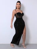 Sequin Spliced Mesh Adjustable Strap Dress - felvior