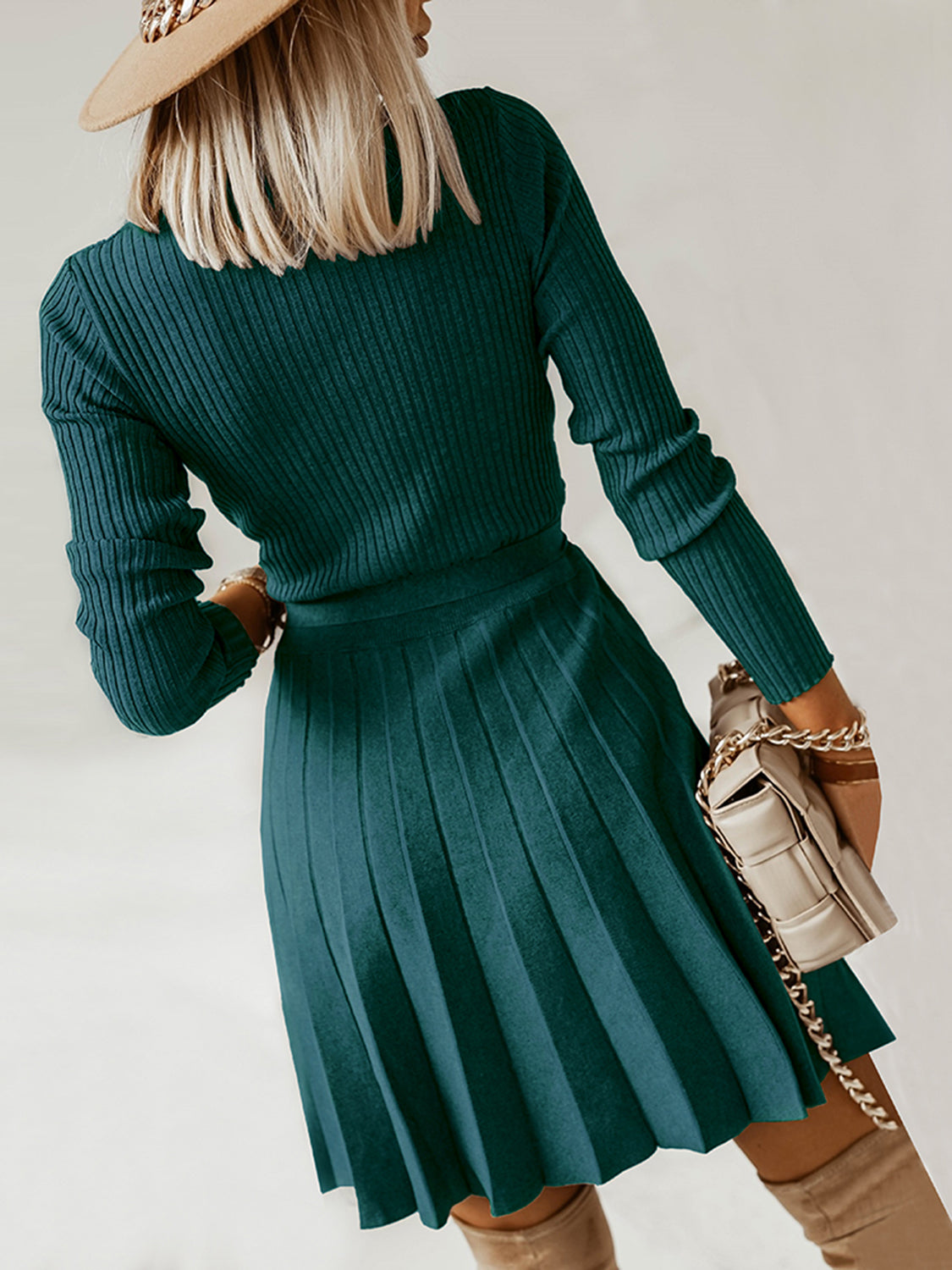 Surplice Neck Tie Front Pleated Sweater Dress - felvior