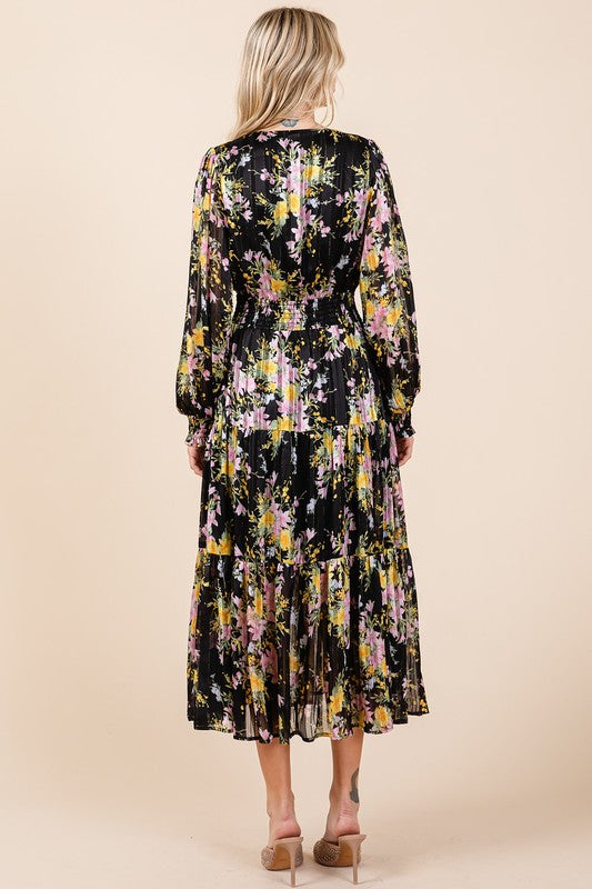 Mittoshop Flower Print Satin Lurex Stripe Smocked Midi Dress - felvior